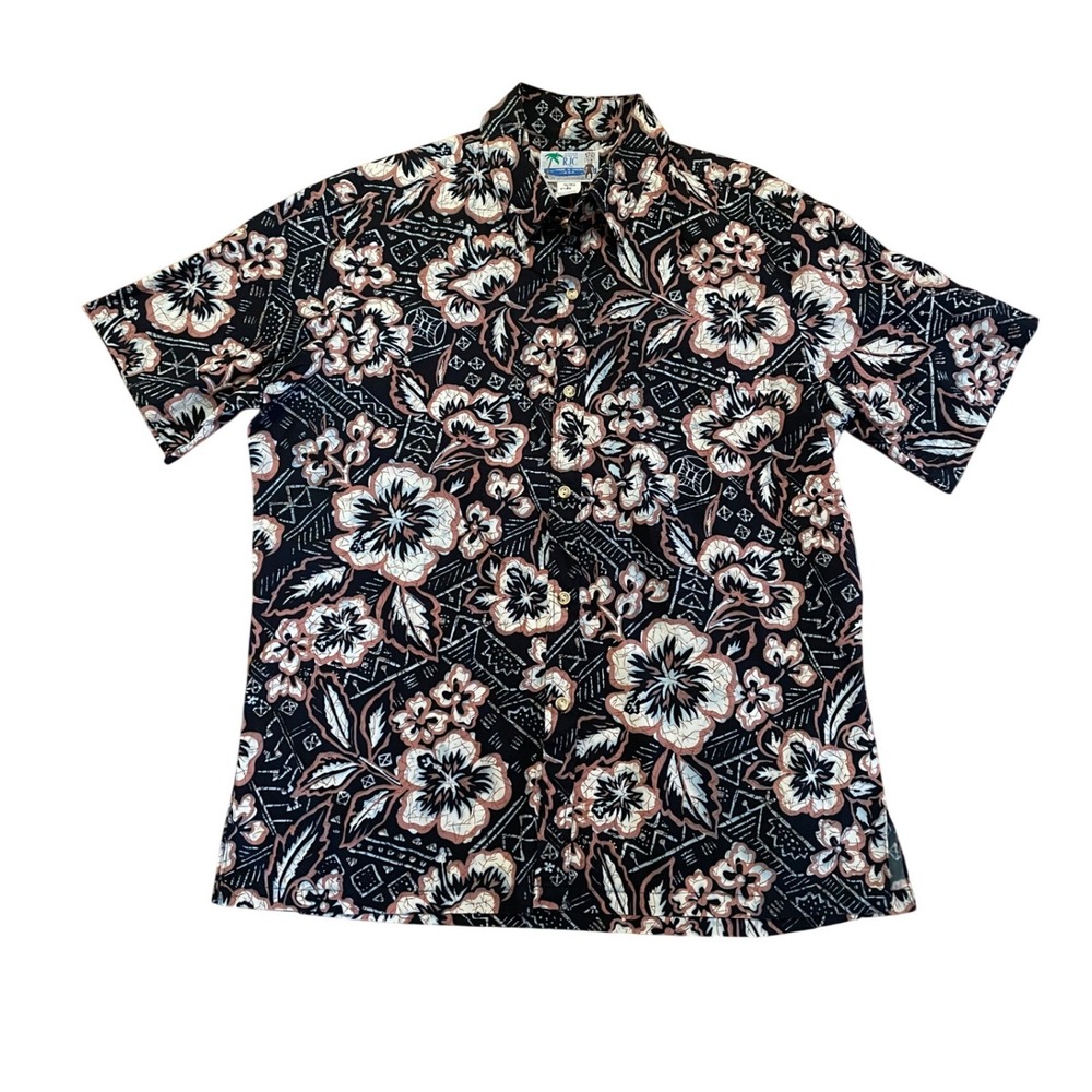 Vintage RJC Hawaiian Shirt XL Black Floral Made in Hawaii Aloha Cotton 90s